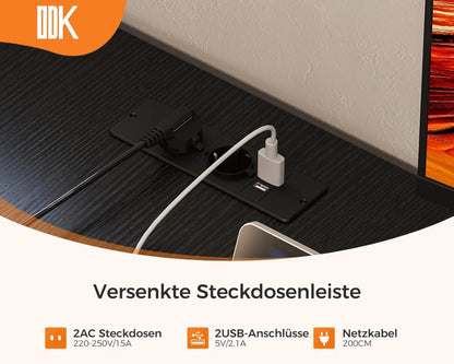ODK Eckschreibtisch L Form mit Schubladen und Steckdosen, Schwarz 155x110 cm