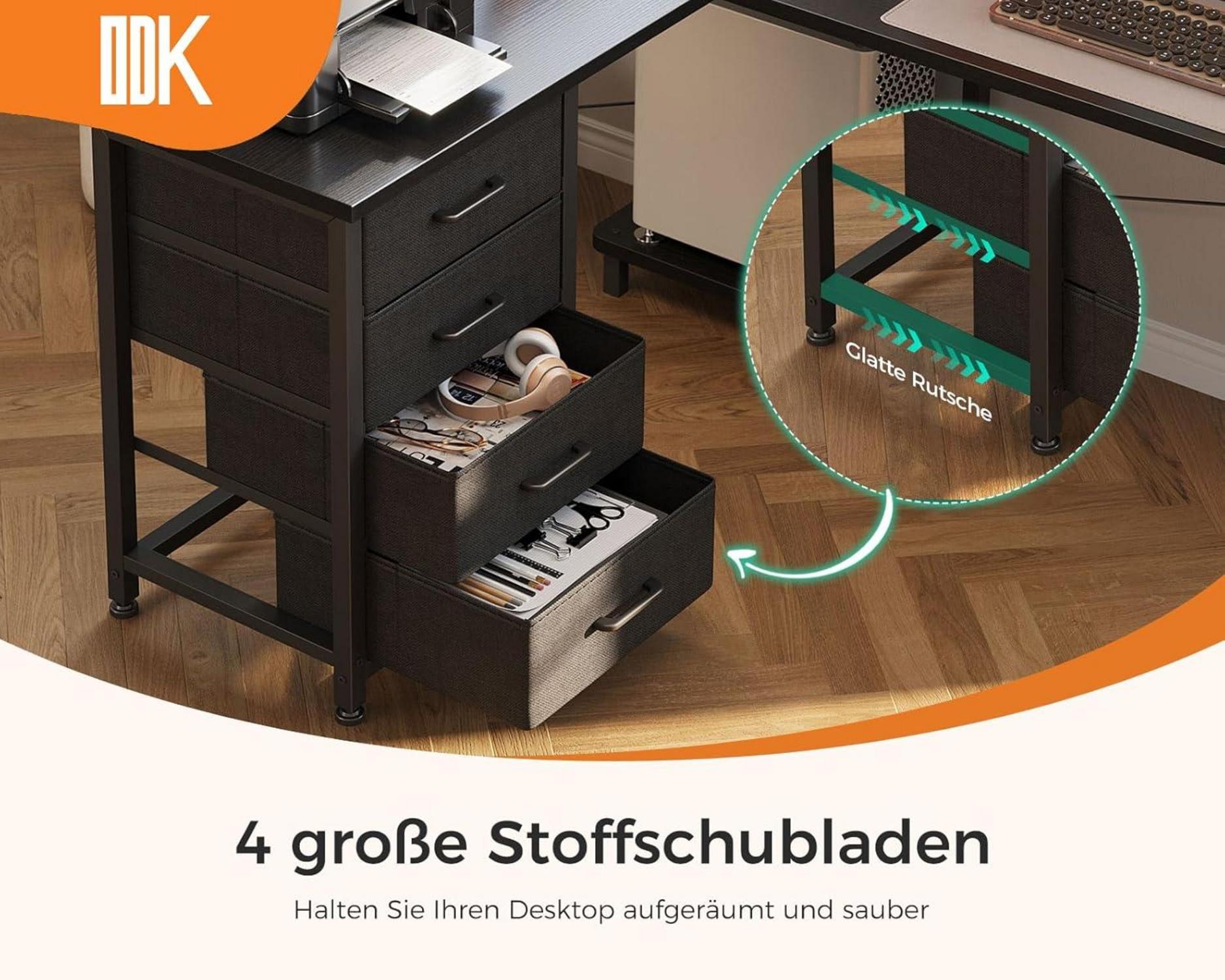 Eckschreibtisch L-Form mit Schubladen und Steckdosen, Schwarz 155x110 cm
