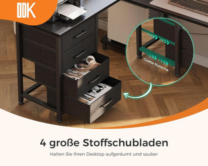 ODK Eckschreibtisch L-Form mit Schubladen, Steckdosen und USB, Schwarz 135x100cm