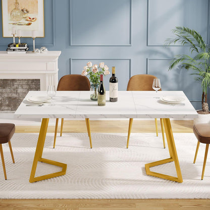 Moderner Esszimmertisch Weiß & Gold, 140cm, Künstlicher Marmor
