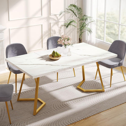 Moderner Esszimmertisch Weiß & Gold, 140cm, Künstlicher Marmor