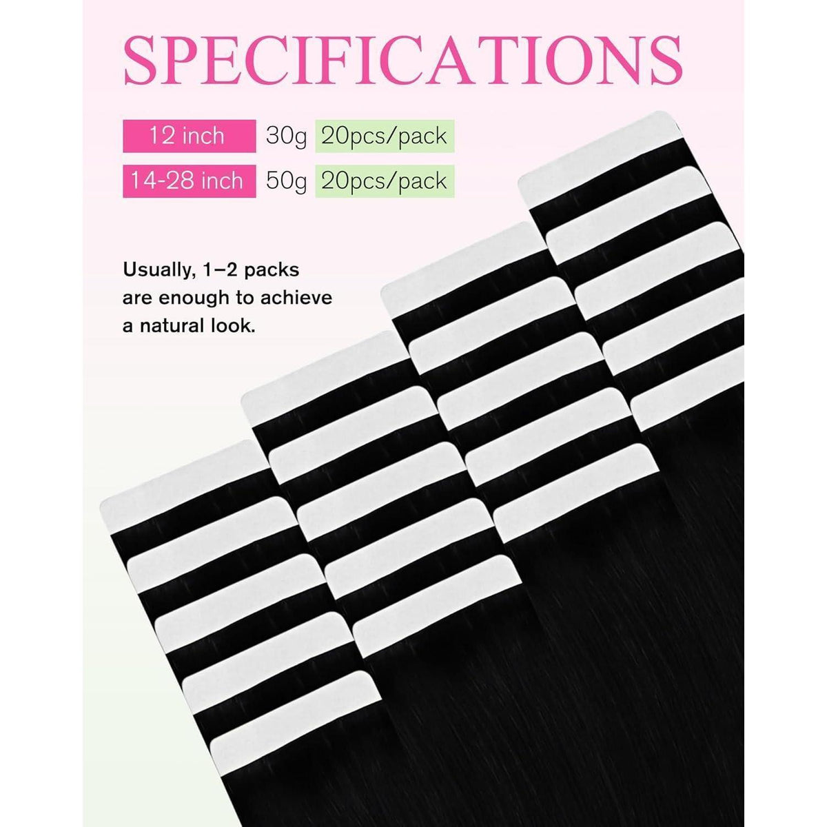 Echthaar Tape-in Extensions Schwarz - 45cm, 50g