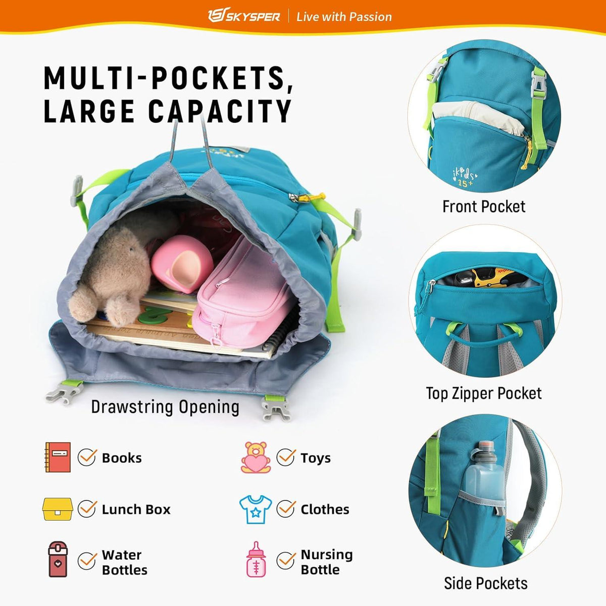 Kinderrucksack 15L für Outdoor-Aktivitäten mit Brustgurt und