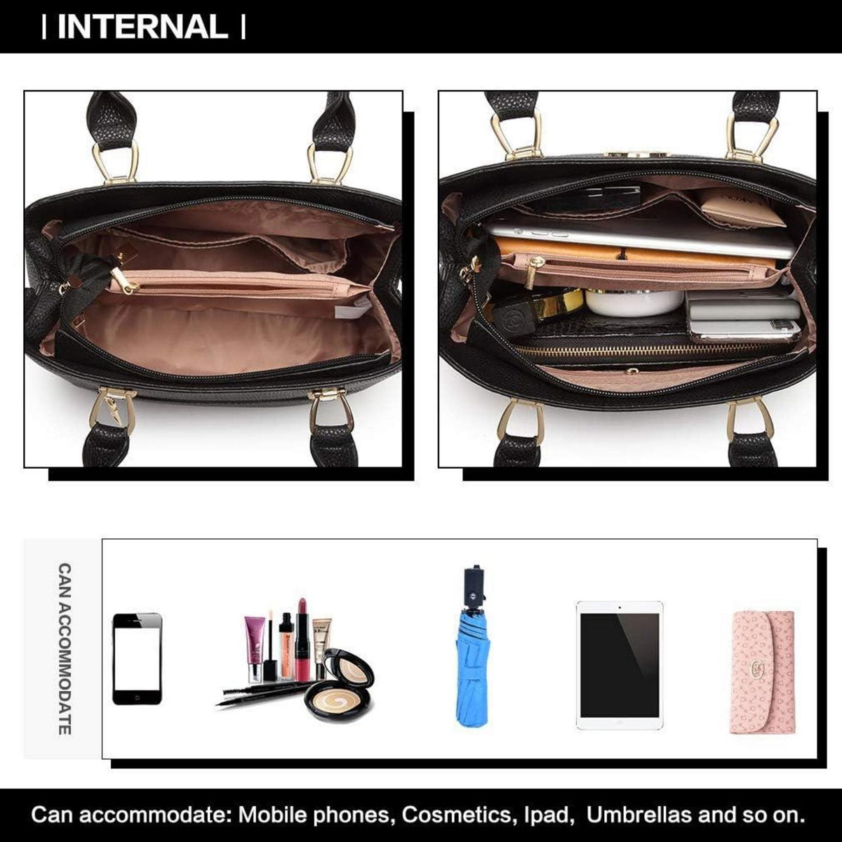 Damen Handtasche Mittelgroß Elegant Henkeltasche Schwarz Geldbörsen-Set