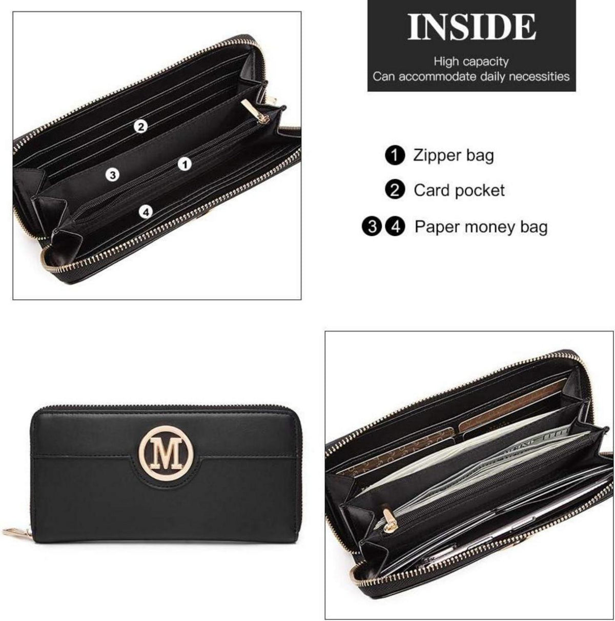 Miss Lulu Handtasche Damen Mittelgroß Elegant Schwarz-Gold Henkeltasche Geldbörsen-Set