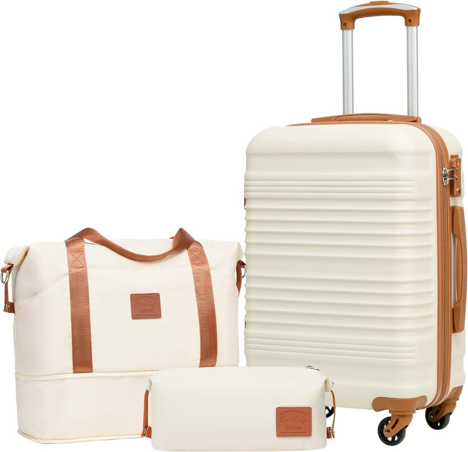 Koffer-Set Hartschale 4 Rollen TSA Handgepäck 3tlg Weiß/Braun