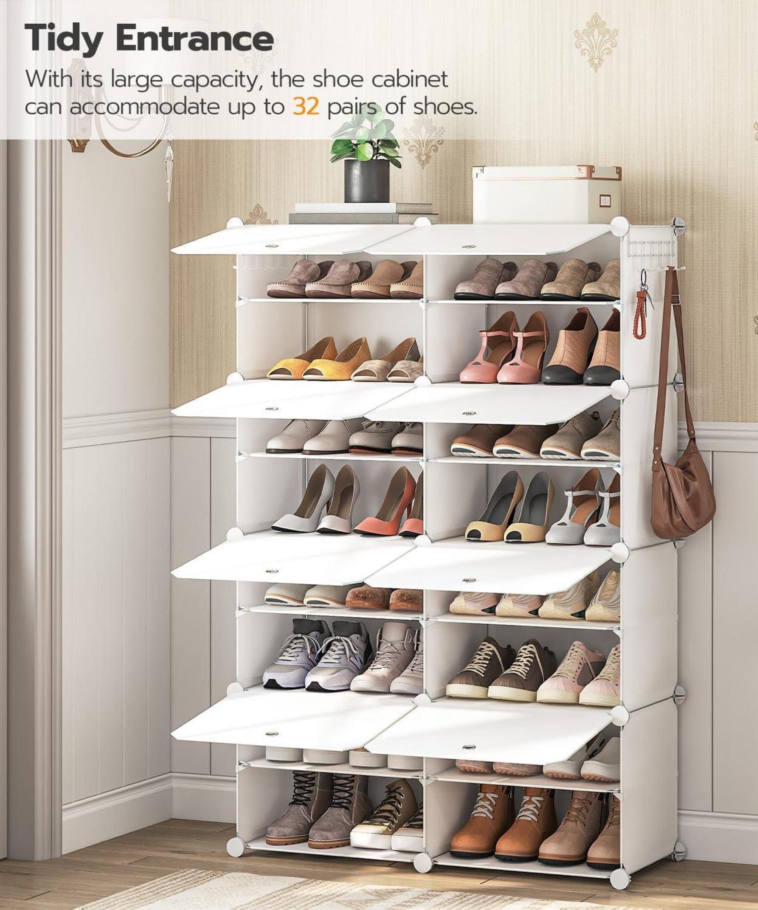 HOOBRO Schuhregal mit 8 Fächern und Tür für 32 Paar Schuhe Weiß 80 x 30 x 120 cm