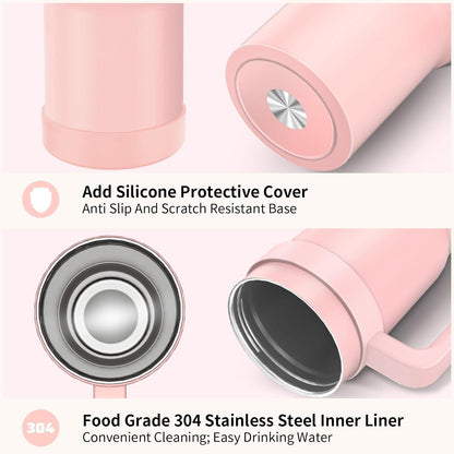 Thermobecher 40oz Rosa mit Strohhalm und Griff, Isolierbecher 1100ml