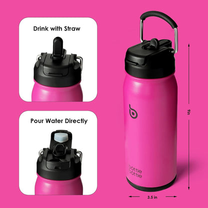bottlebottle Trinkflasche Edelstahl 16oz mit Strohhalm für Kinder - BPA frei - Rose