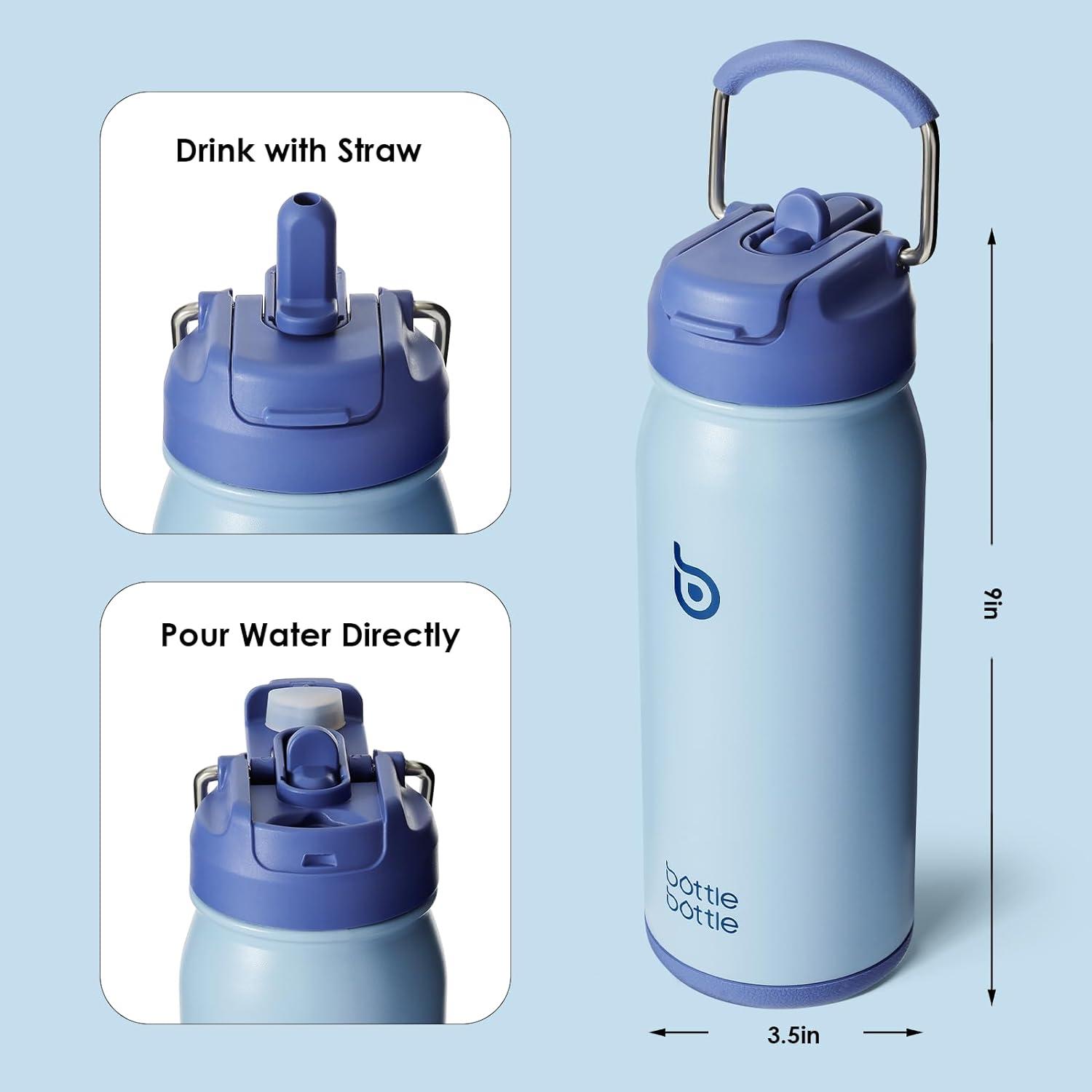 Wasserflasche Edelstahl 16oz mit Strohhalm für Kinder Blau