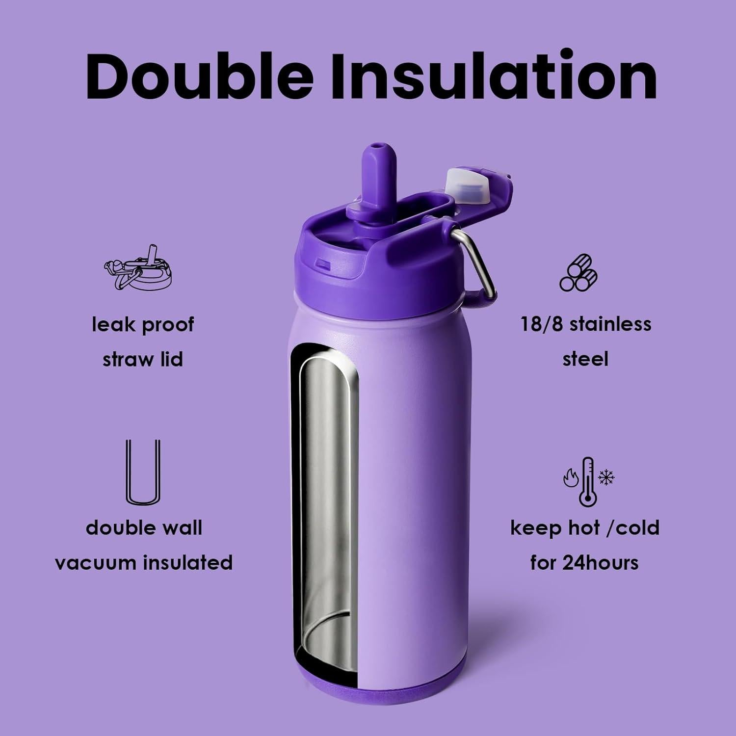 Trinkflasche Edelstahl 16oz mit Strohhalm für Kinder Violett
