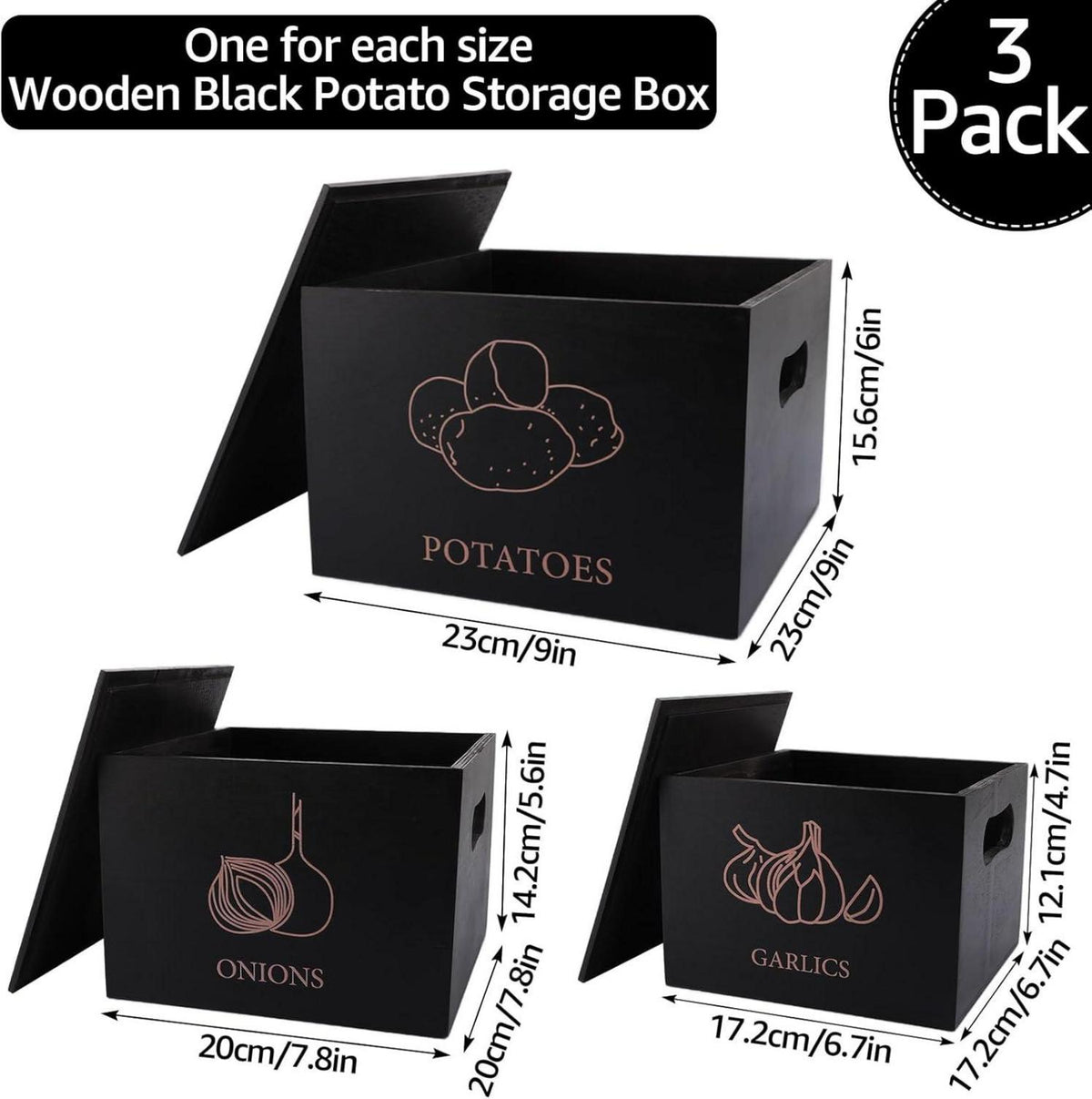 3er Set Kartoffel Zwiebel Aufbewahrungsbox Holz Griffe