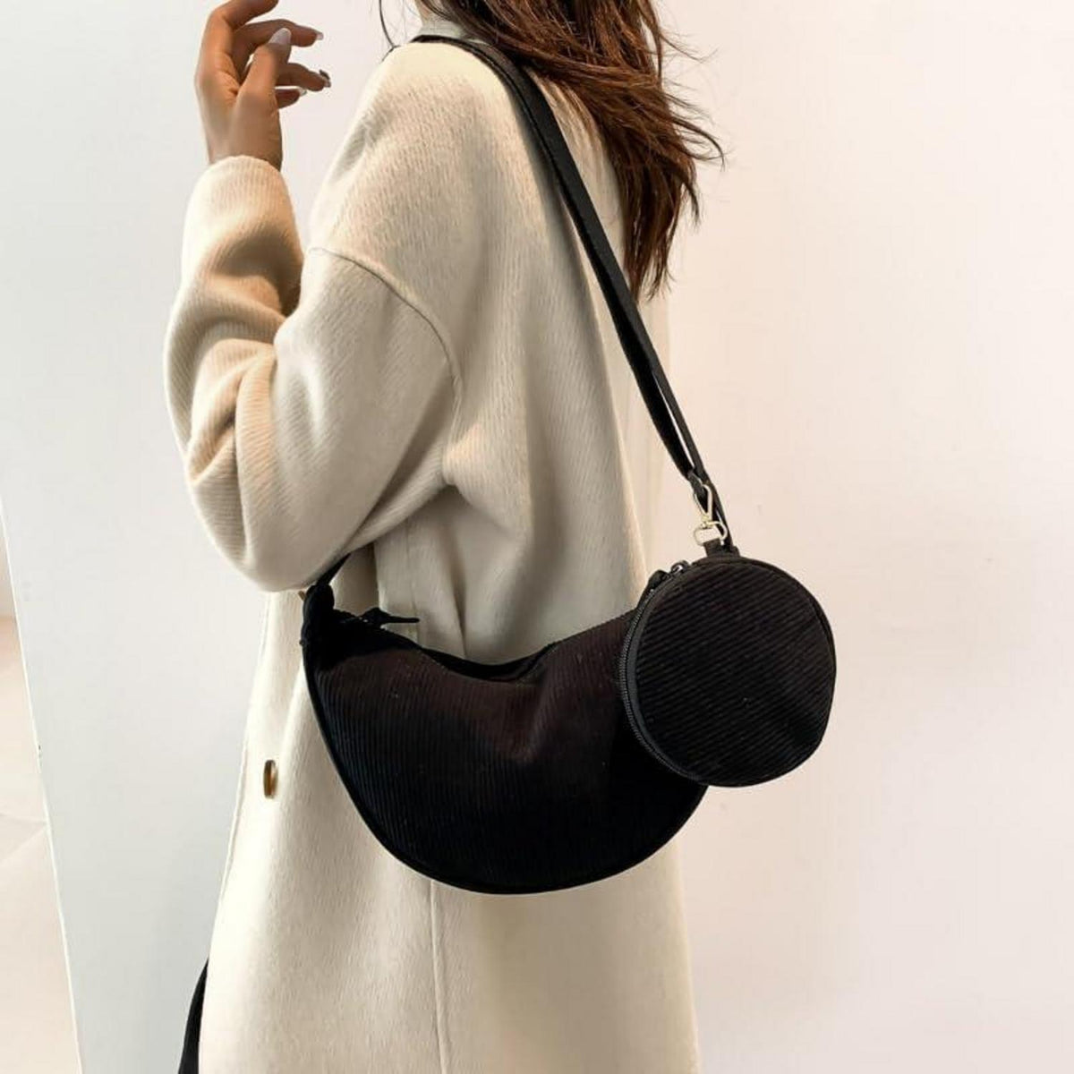 Kleine Cord Crossbody Bag Damen Halbmondtasche schwarz