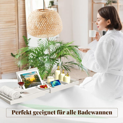 Verstellbare Bambus Badewannenablage mit Halter & Buchstütze