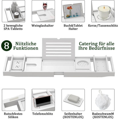 Verstellbare Bambus Badewannenablage mit Halter & Buchstütze