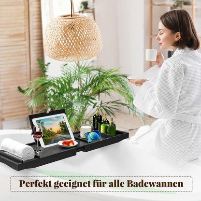 Badewannenablage aus Bambus verstellbar Badewannenbrett Ablage für Tablet und Bücher Schwarz