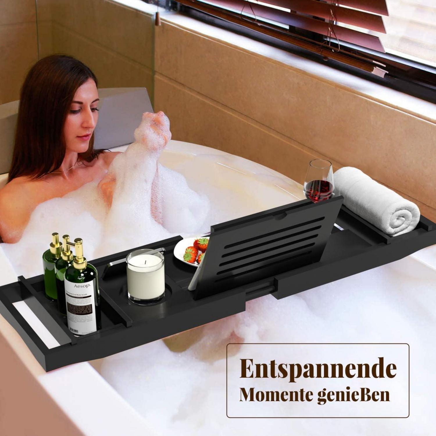 Badewannenablage Bambus verstellbar Tablet Halter Getränkehalter