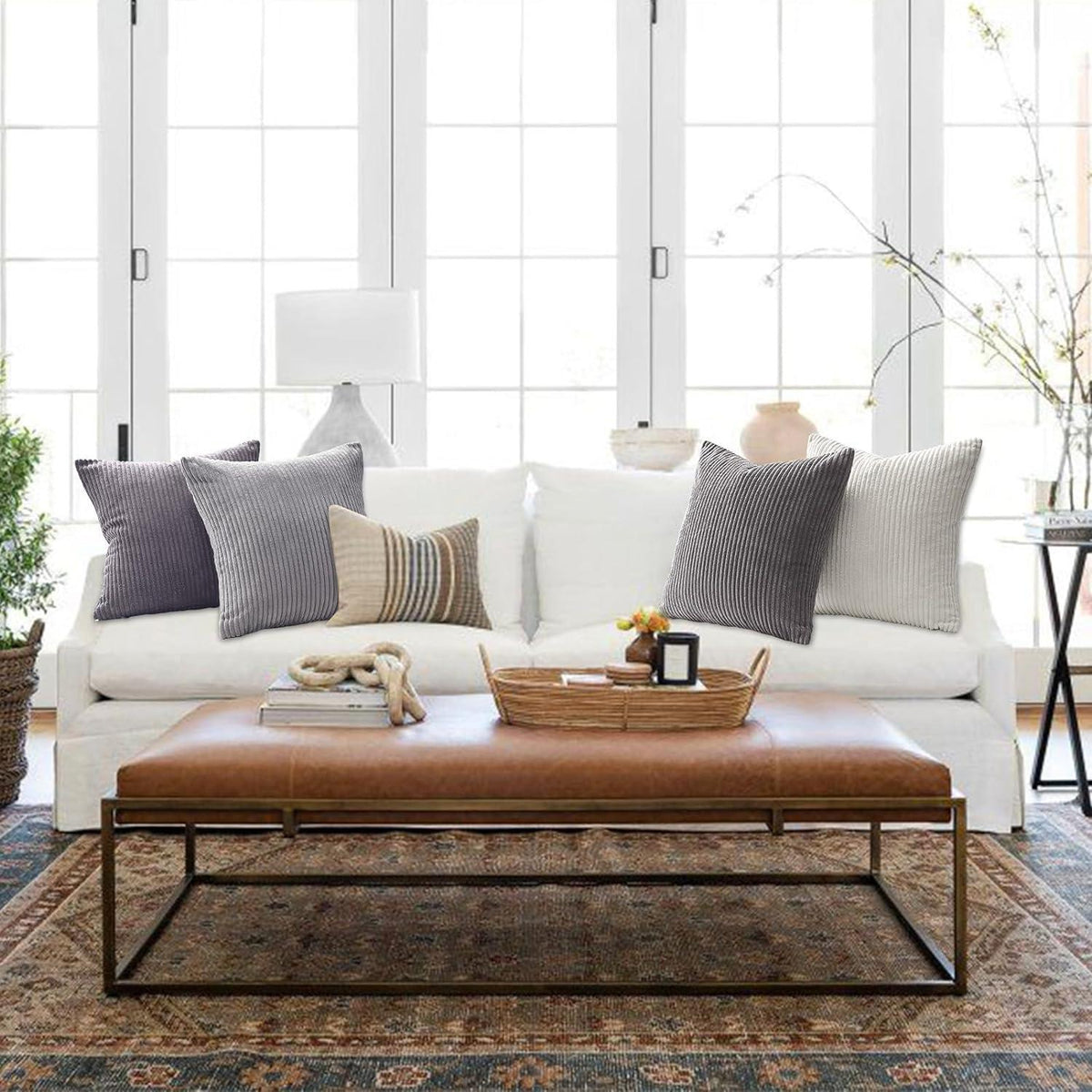 4er Set Kissenbezug 30x30 cm Grau Kordsamt Dekokissen für Sofa Schlafzimmer