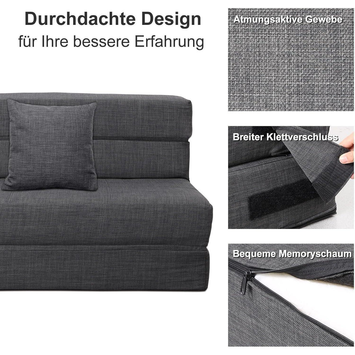 Doppel Schlafsofa mit Memory Schaum & Kissen – Dunkelgrau