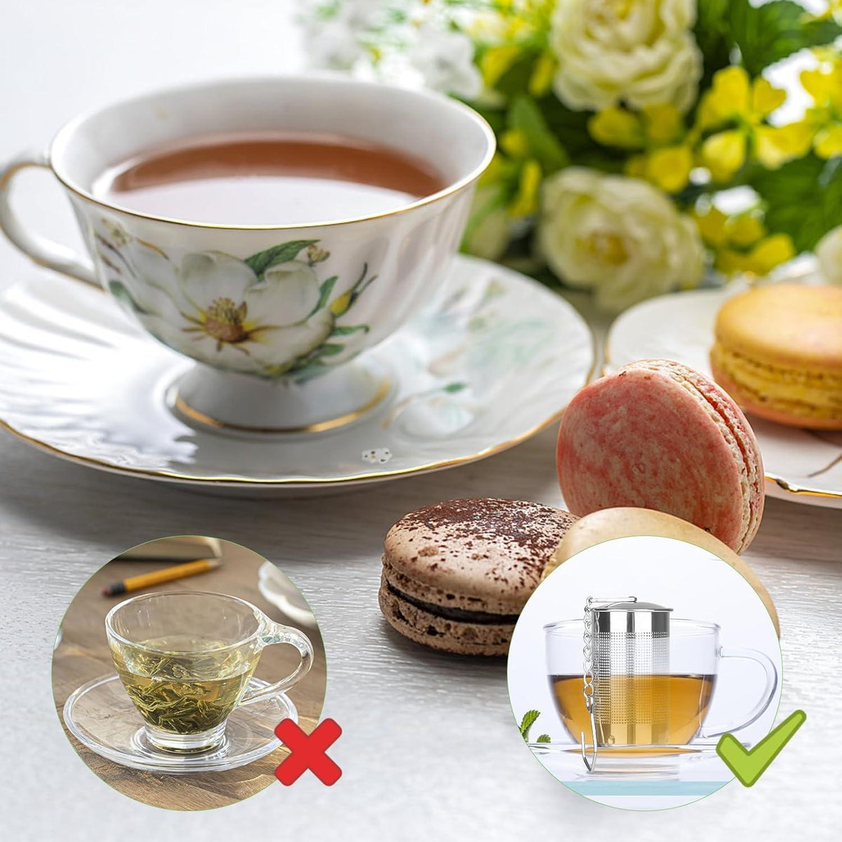 4er Teesieb Set Edelstahl Größe S/L Teefilter mit Kettenhaken & Deckel