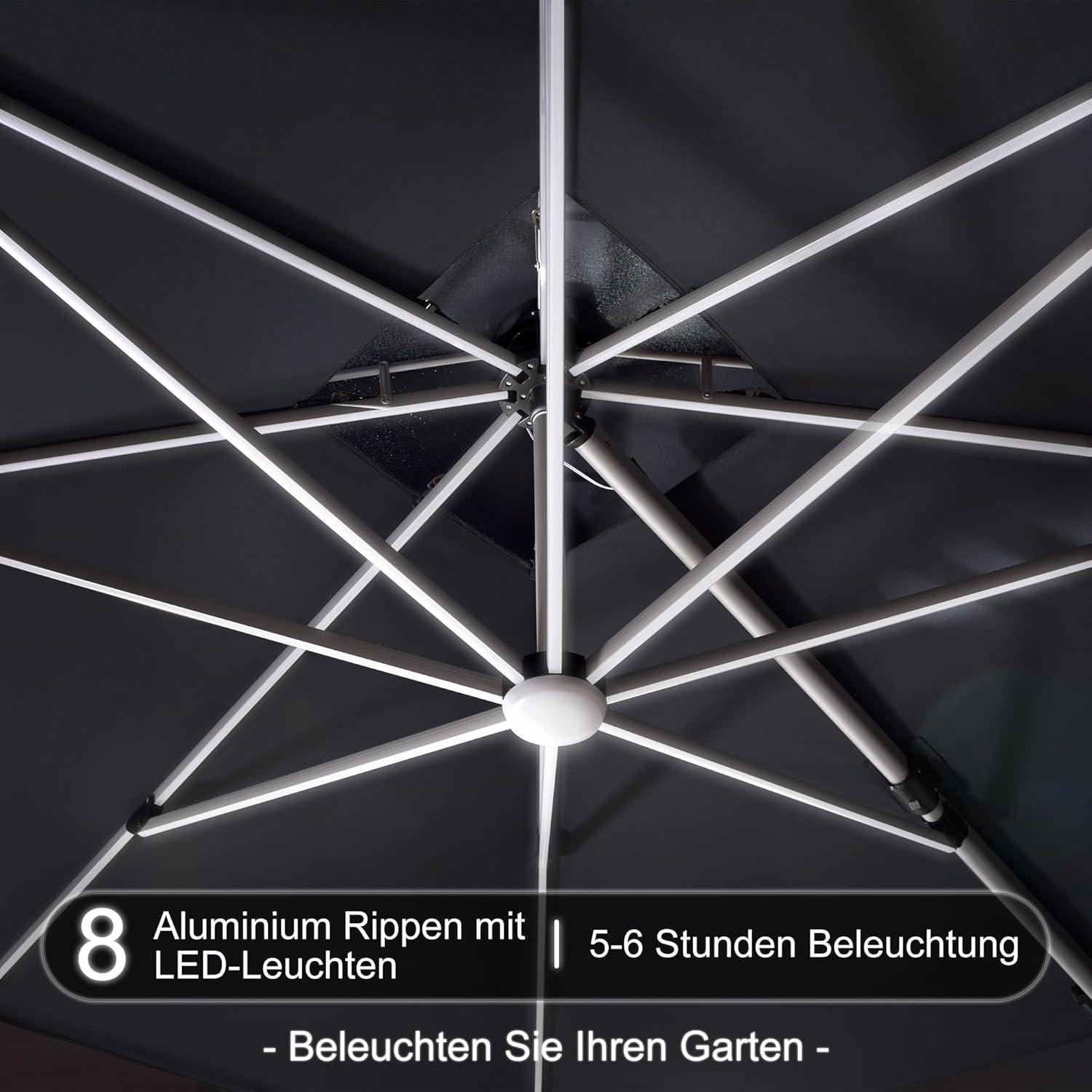 Sonnenschirm LED Beleuchtung ampelschirm 365x365 cm Grey