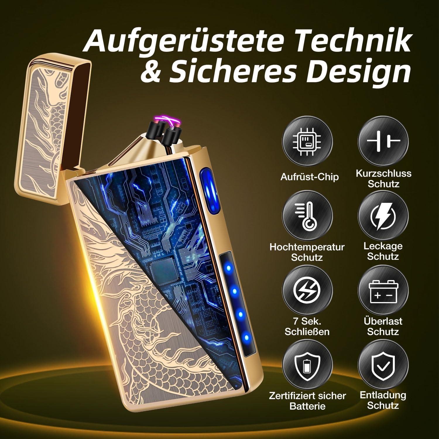 LcFun Feuerzeug Elektrisch USB Aufladbar Plasma Sturmfeuerzeug Goldener Drache