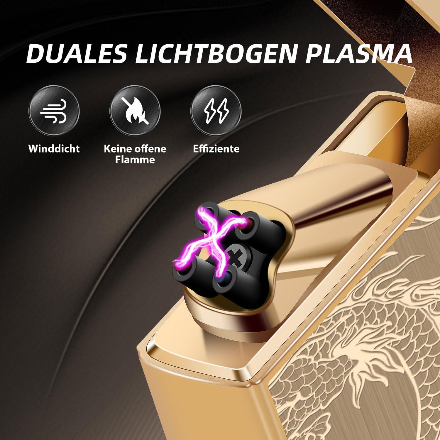 Elektrisches Plasma Feuerzeug USB Aufladbar Goldener Drache mit Batterieanzeige