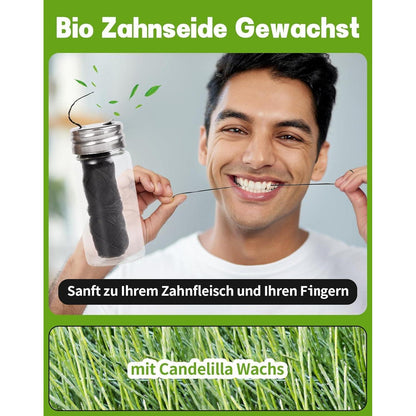2x30m Natur Zahnseide Bambus-Aktivkohle Glasflakon Minze