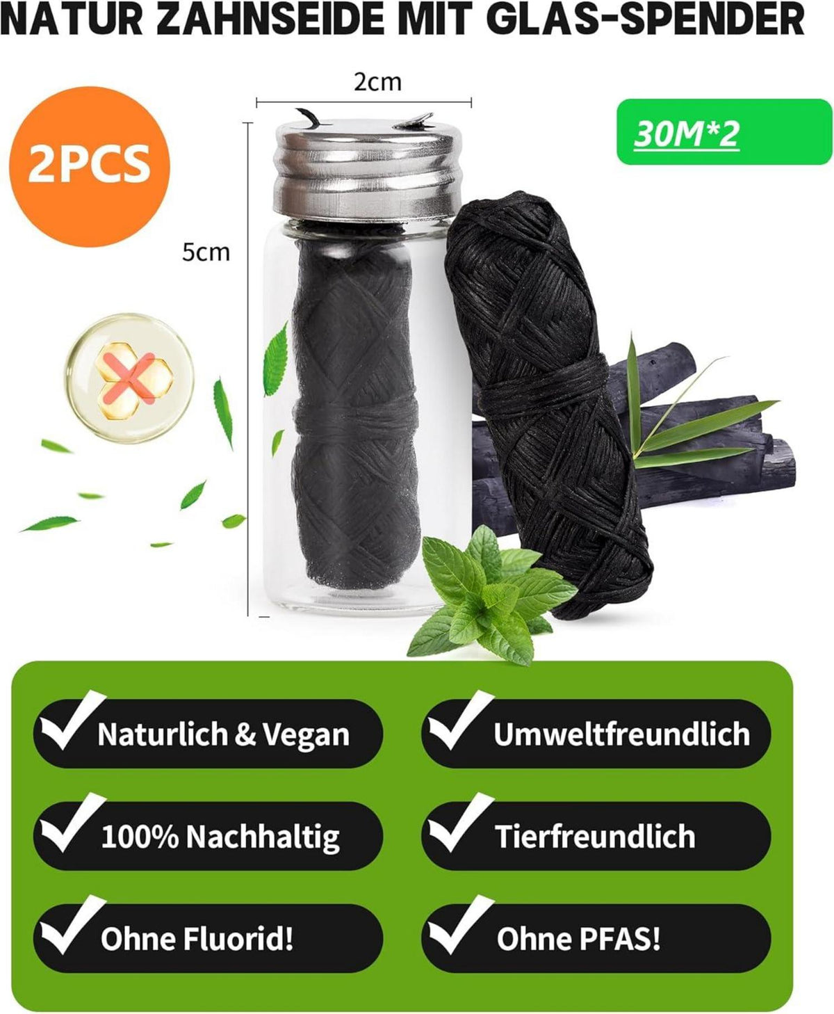 2x30m Natur Zahnseide Bambus-Aktivkohle Glasflakon Vegan Minze Öko