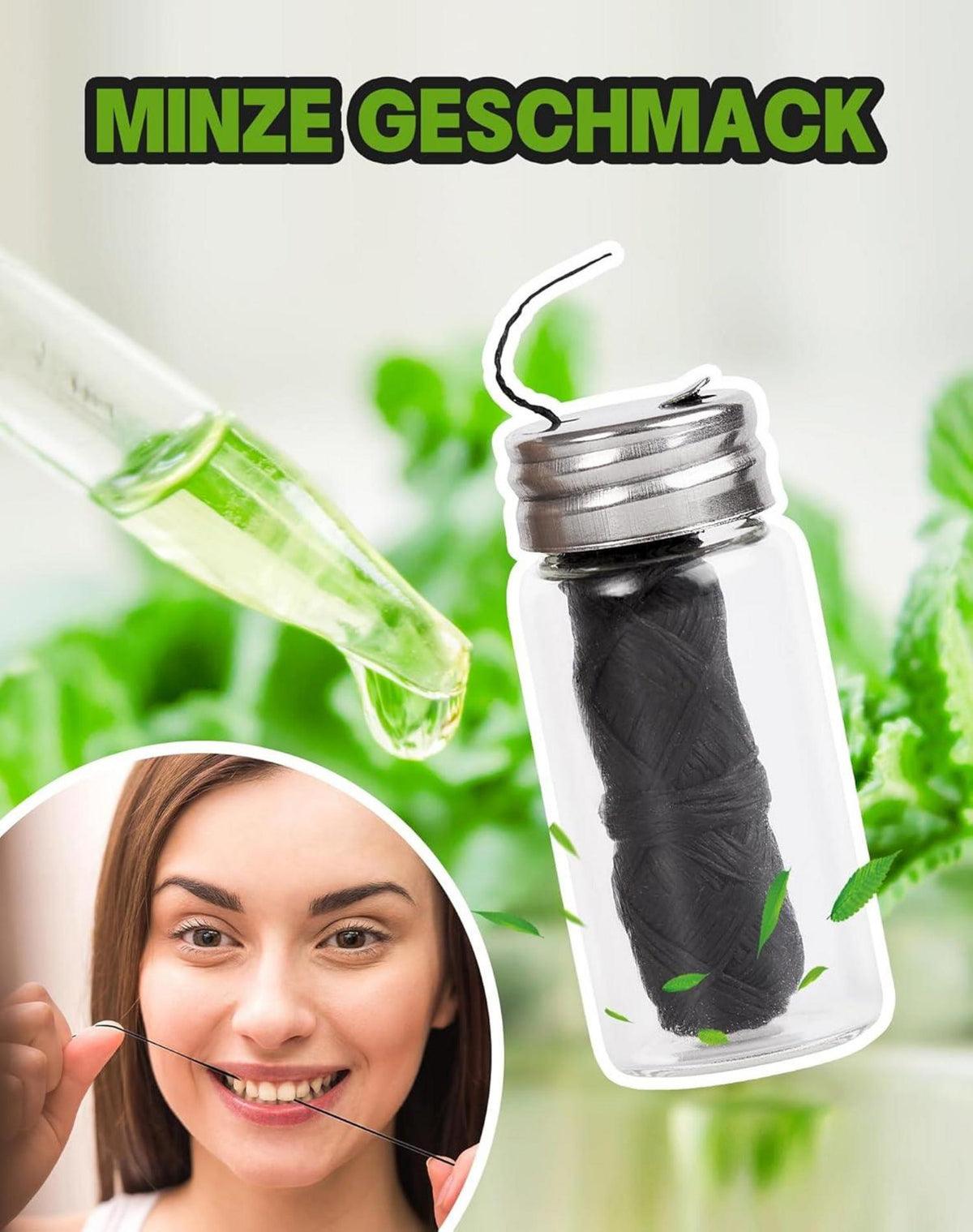 Zahnseide Natur Bambus Aktivkohle Glasflasche Zahnzwischenraumreiniger