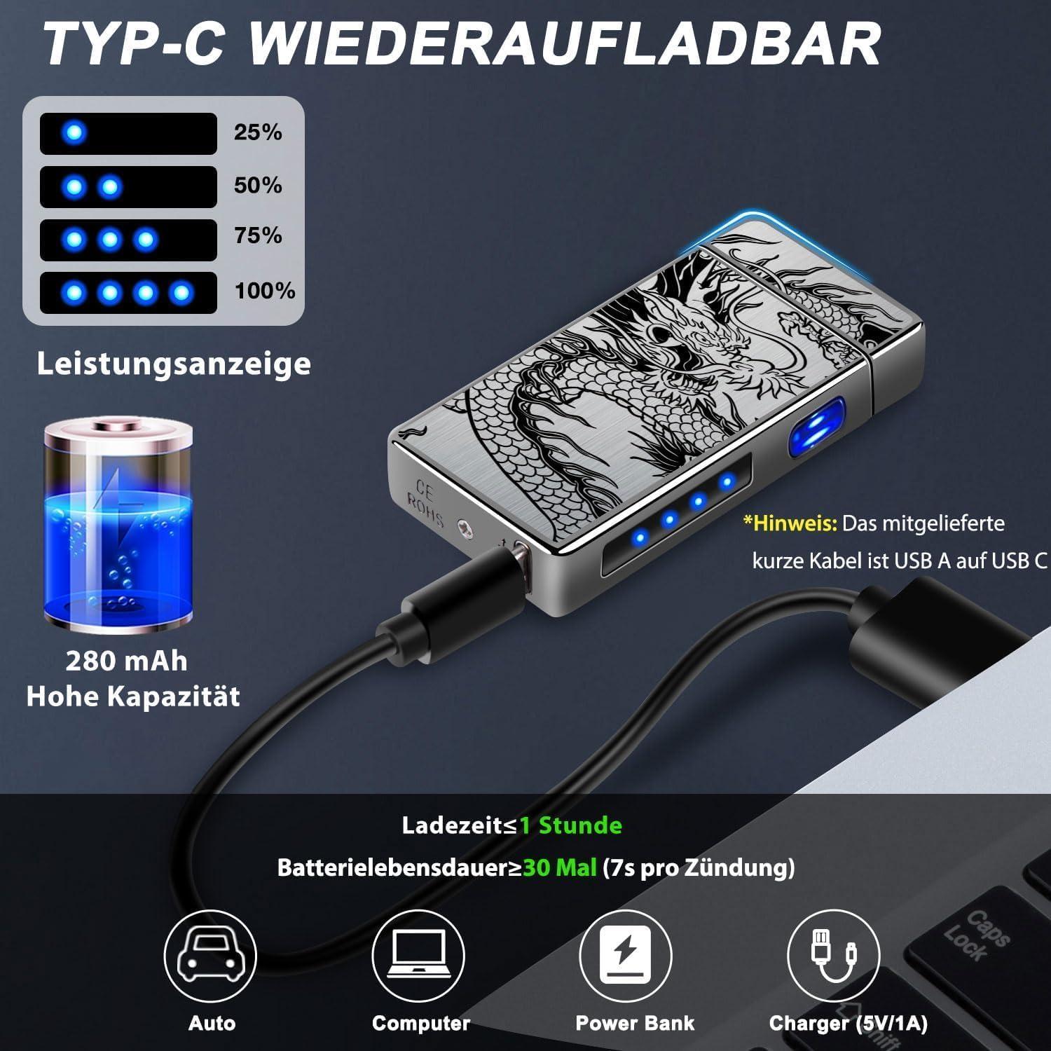 LcFun Schwarzer Drache USB Lichtbogen Feuerzeug mit