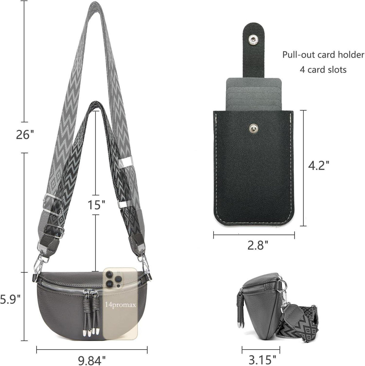 Umhängetasche Damen Stylisch Crossbody Bag Breiter Gurt Dunkelgrau