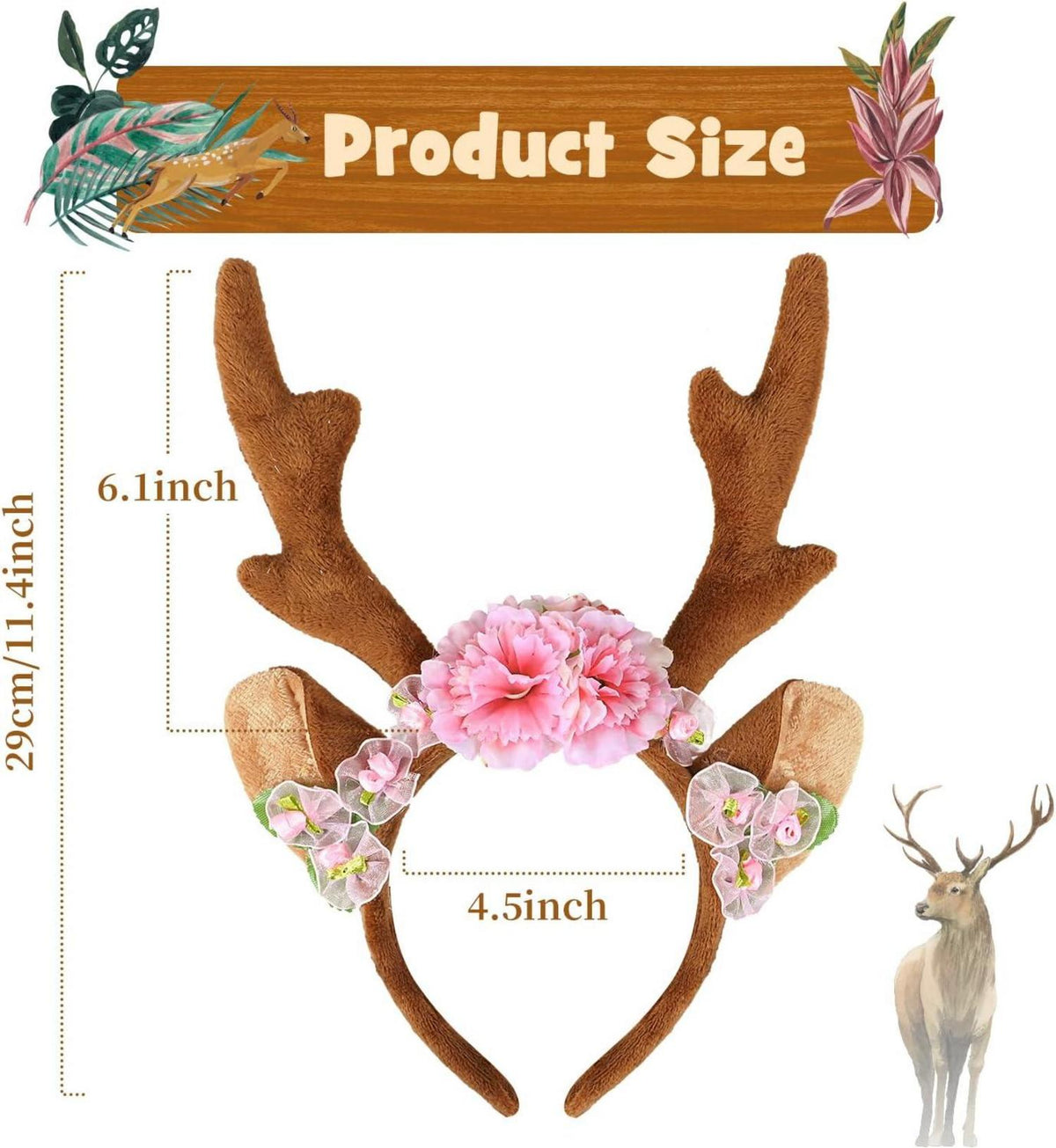 Reh Kostüm Damen Mädchen Haarreif Geweih Hörner Blumen Face