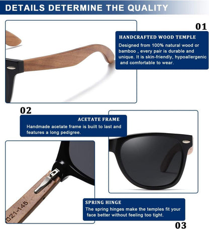 DUCO Polarisierte Sonnenbrille Herren Damen Walnuss UV-Schutz Holzrahmen Designerbrille
