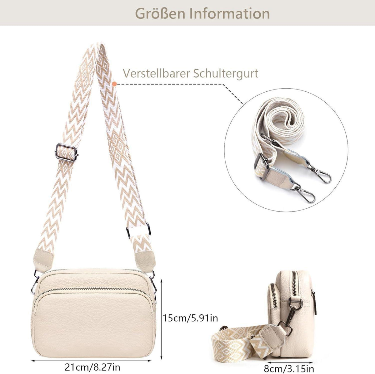 Damen Echtes Leder Umhängetasche Crossbody Bag Schultertasche 3 Fächer