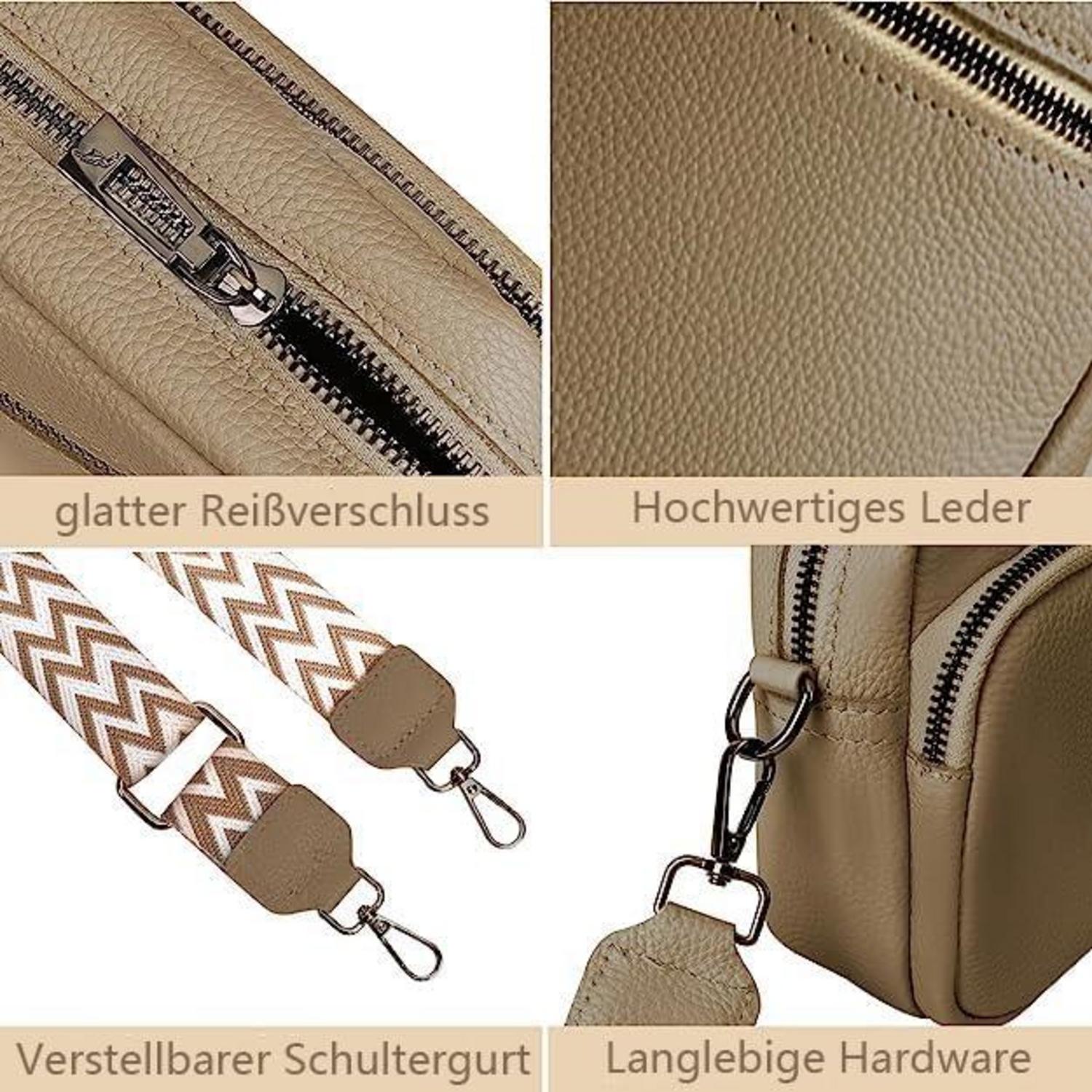 Damen Handy Umhängetasche Echtes Leder Crossbody Schultertasche 3 Reißverschlussfächern