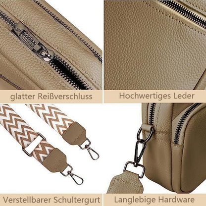 Damen Handy Umhängetasche Echtes Leder Crossbody Schultertasche 3 Reißverschlussfächern