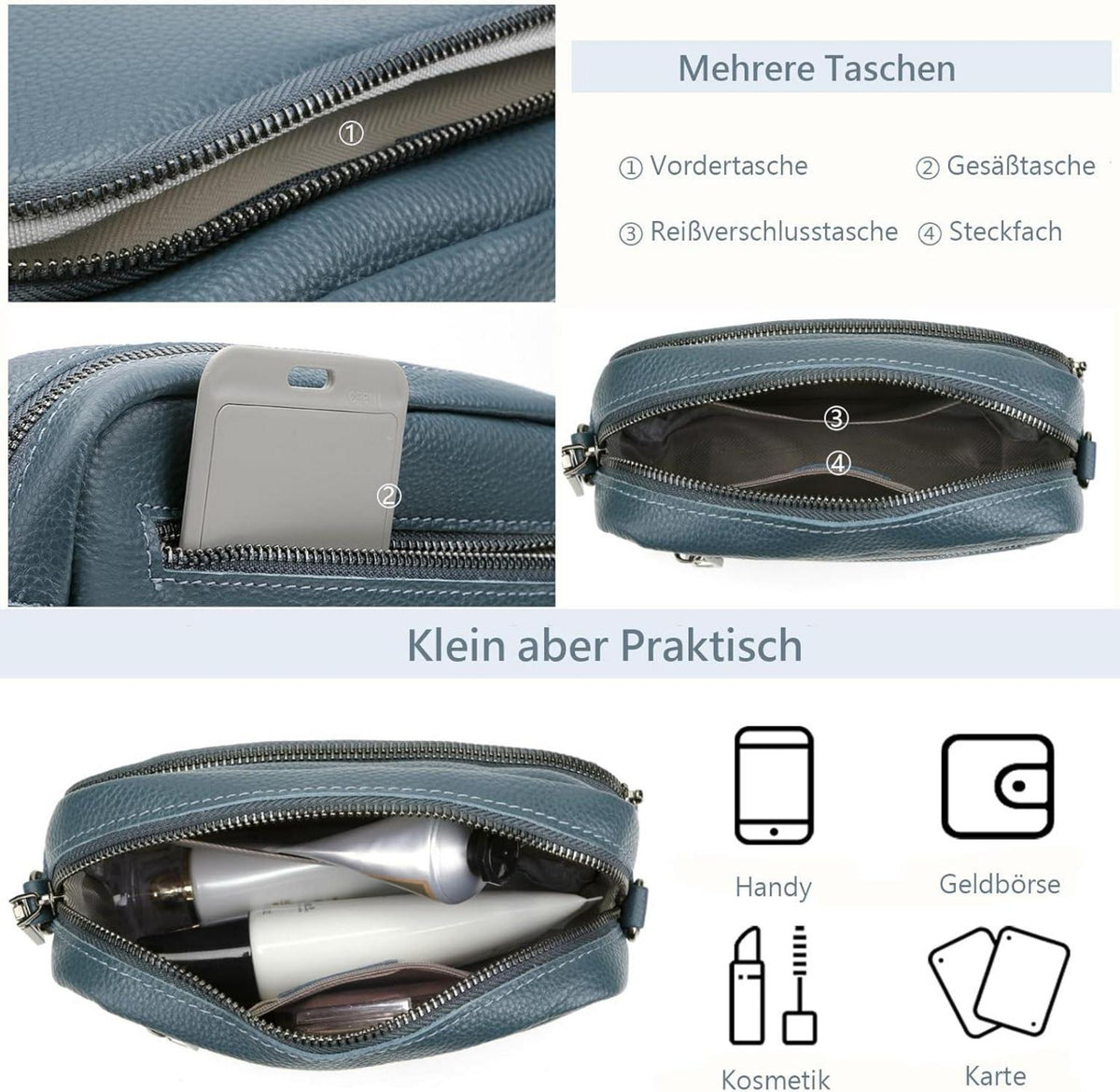 Damen Crossbody Bag aus echtem Leder mit breitem Schultergurt - 3 Fächer, klein