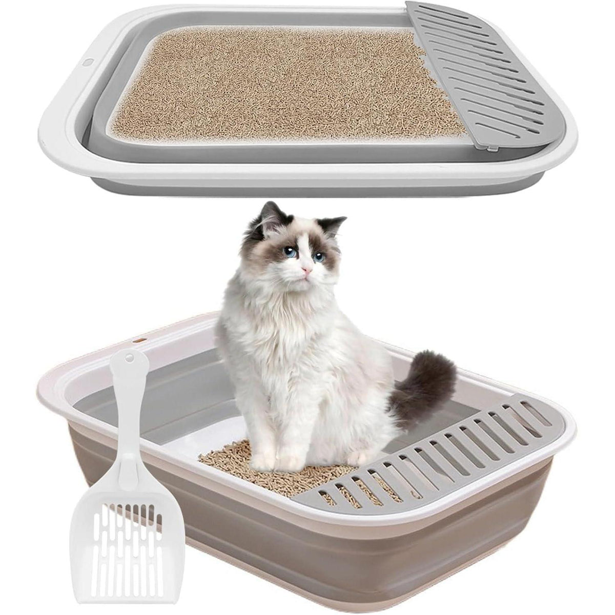 Faltbare Katzentoilette Groß Grau mit Pedal & niedrigem Einstieg