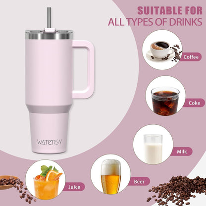 Isolierter Kaffeebecher 40oz Trinkbecher Vakuum Thermobecher mit Griff und Strohhalm - Rosenpulver