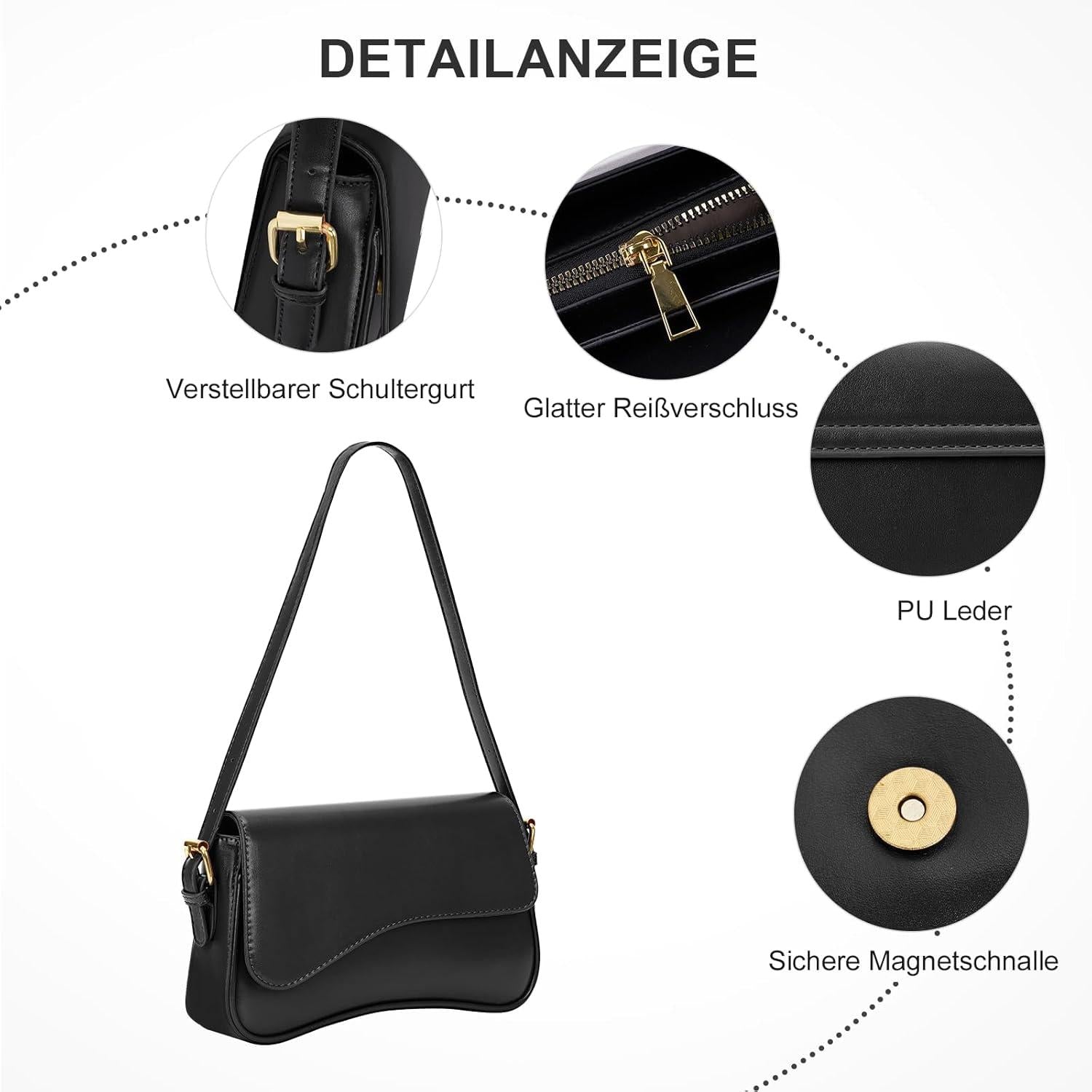 TIAASTAP Handtasche Damen Schultertasche Leder Vintage y2k A-schwarz