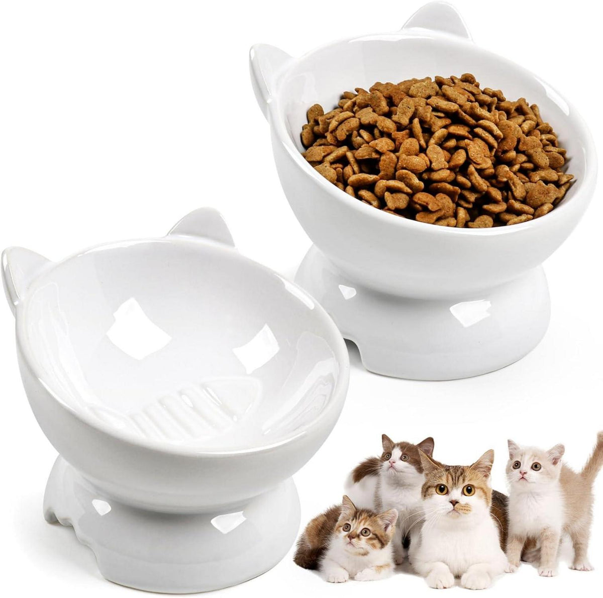 2er Set Keramik Futternapf Katze - Erhöht, stabil & sicher - Fressnäpfe für Katzen - Fishbone Design