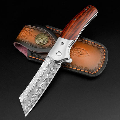 Damast Klappmesser – Outdoor Messer mit Holzgriff & Gürtelclip