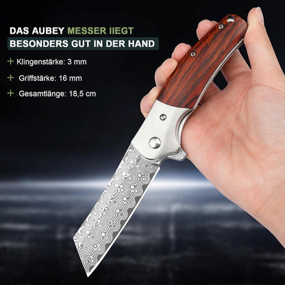 Damast Klappmesser – Outdoor Messer mit Holzgriff & Gürtelclip