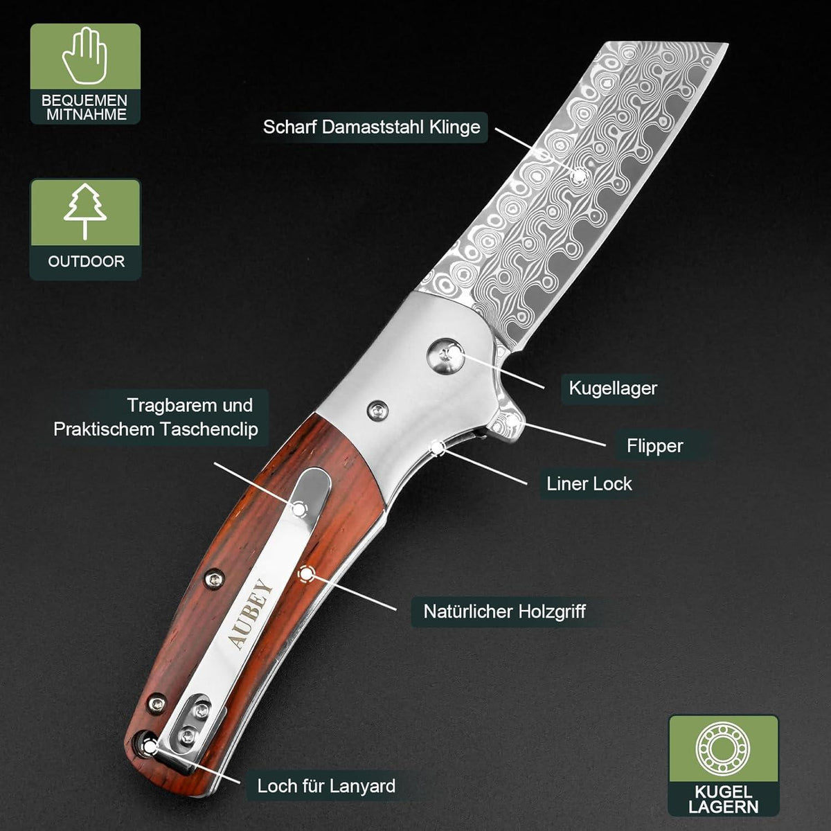 Damast Klappmesser – Outdoor Messer mit Holzgriff & Gürtelclip