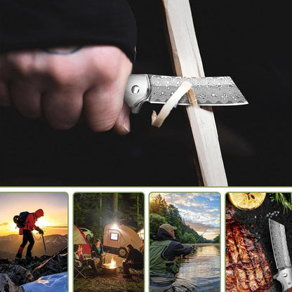 Damast Klappmesser – Outdoor Messer mit Holzgriff & Gürtelclip