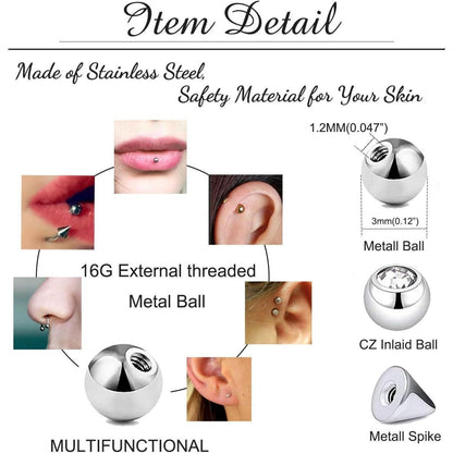 20er Ersatz Piercing Kugeln 1,2mm Stahl 3mm Schraubkugeln für Lippe Nase