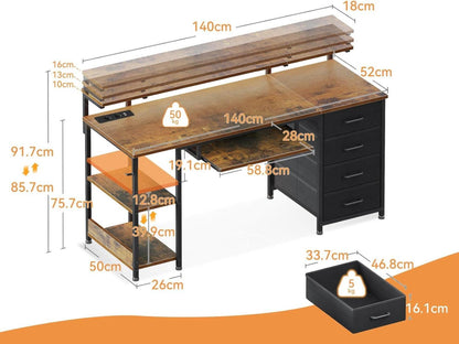 Schreibtisch mit 4 Schubladen und USB Anschlüssen, PC Tisch mit