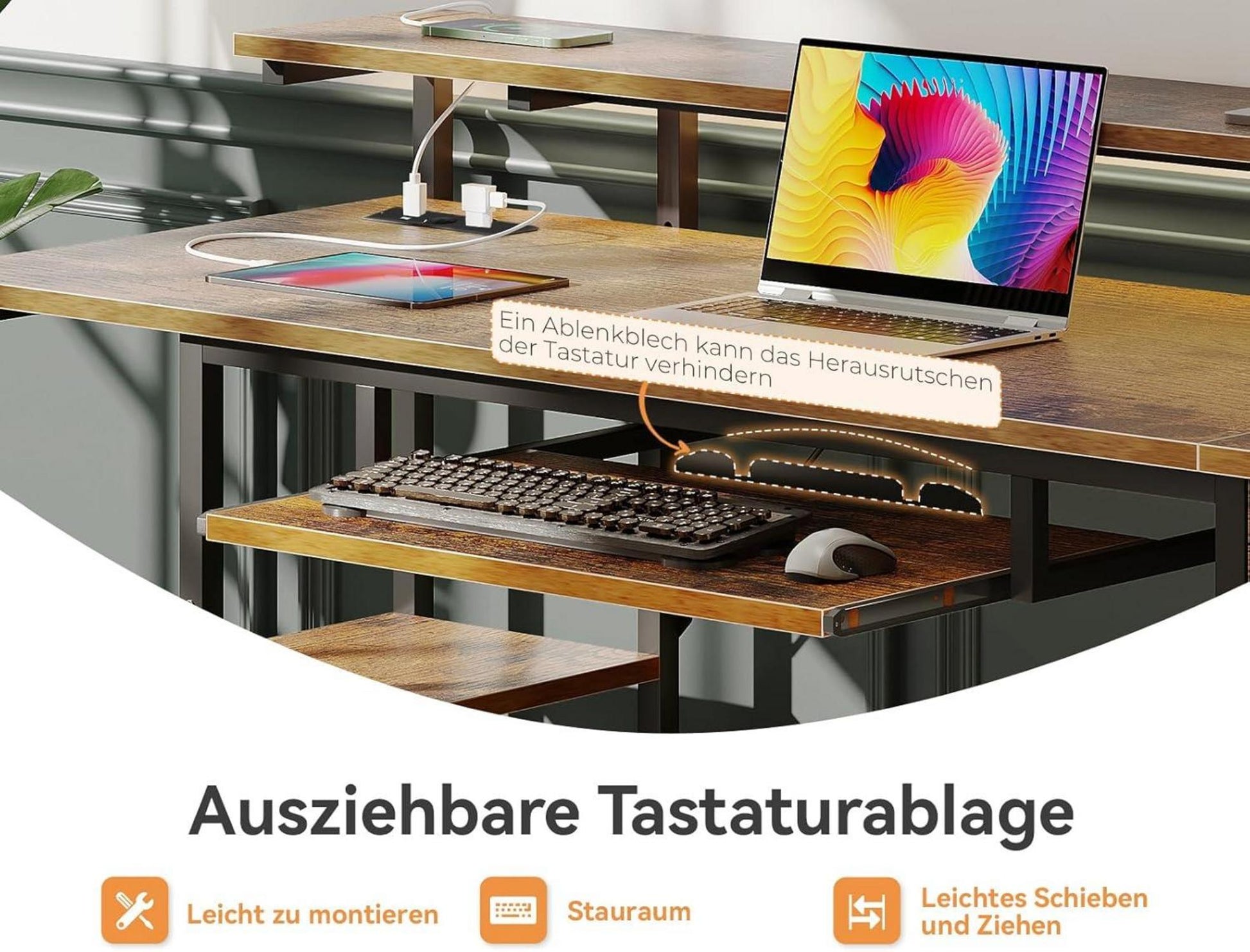 Schreibtisch mit 4 Schubladen, Computertisch mit USB und