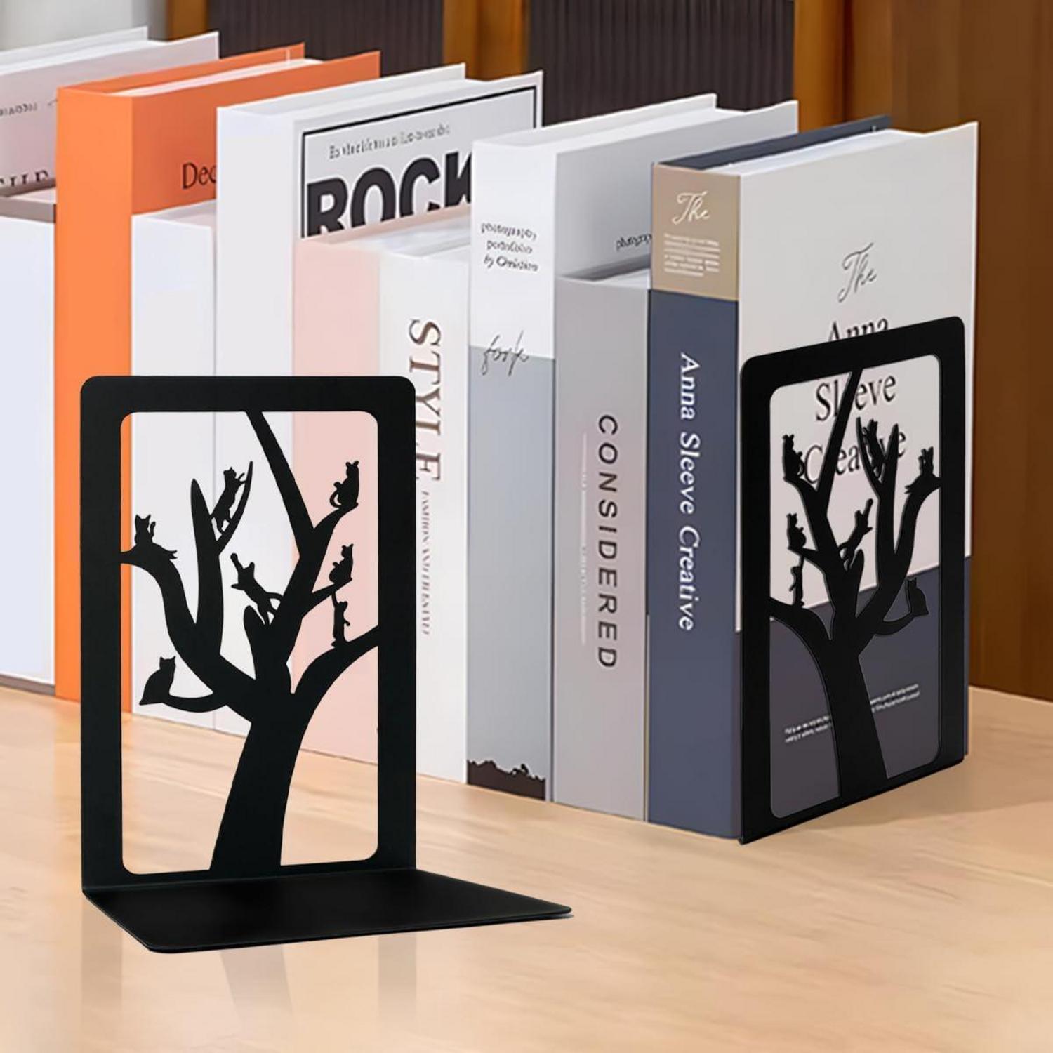 Qualsen Metall Buchstütze Baum Katze Schwarz Bücherhalter 1 Paar